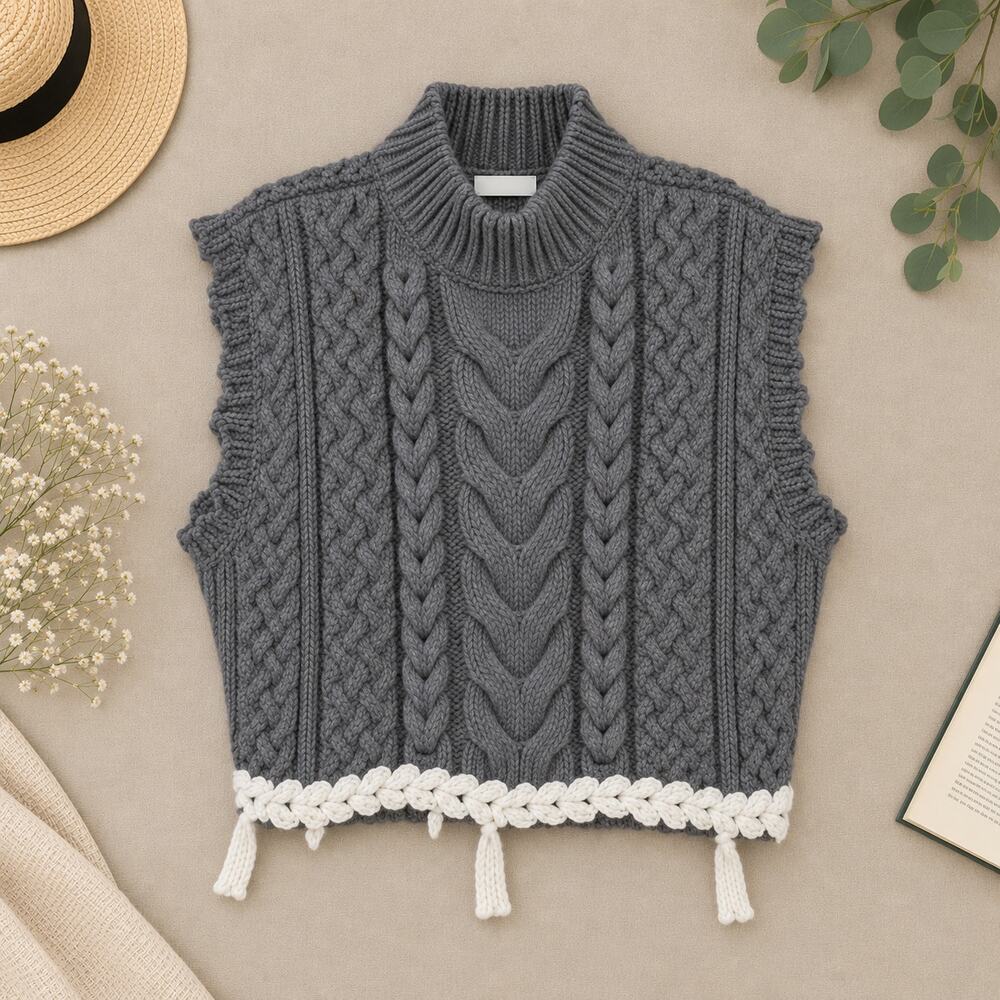 Zara Cable Knit Sweater Vest Gray Wool Blend Tassel Fringe Cottagecore Size M/L